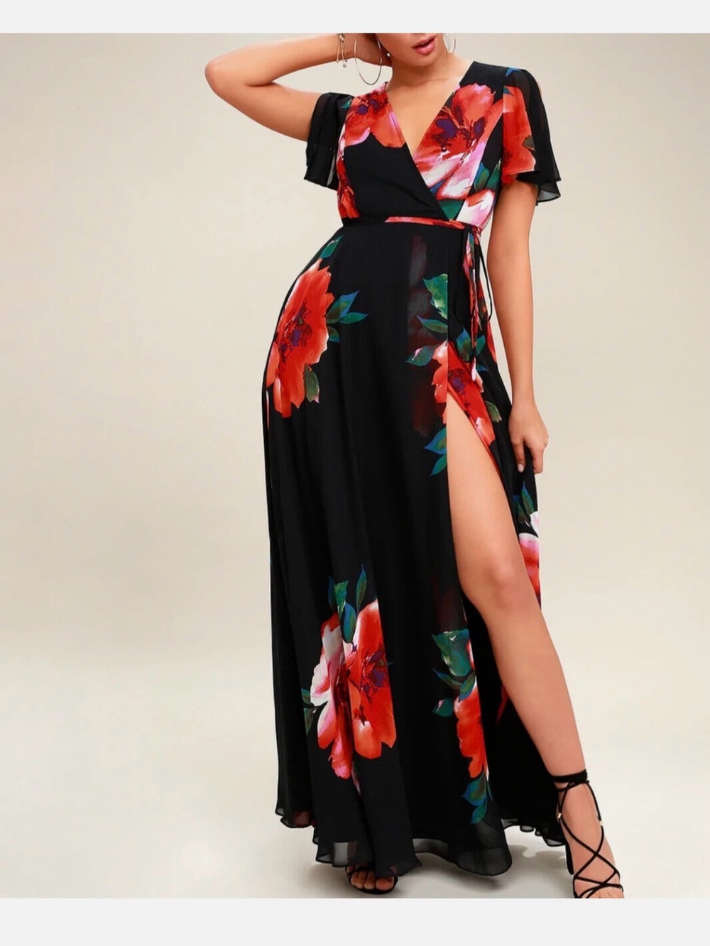 Lulus Sonic Bloom Black Floral Print Wrap Maxi Dress